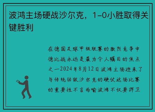波鸿主场硬战沙尔克，1-0小胜取得关键胜利