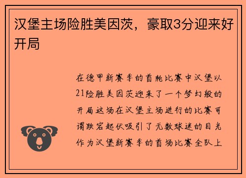 汉堡主场险胜美因茨，豪取3分迎来好开局